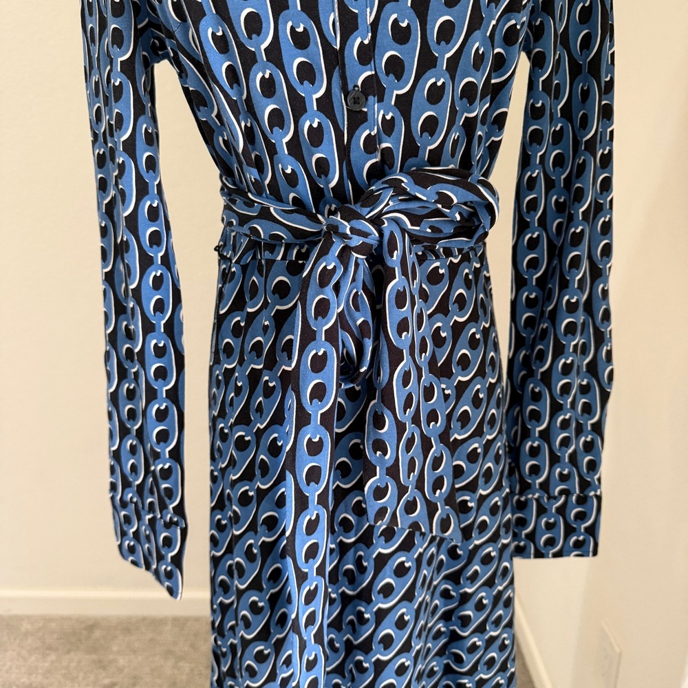 Boden Laura Midi Shirt Dress Blue Chain Link Tencel Cotton Sz 6 Mod Retro Office - Picture 3 of 10